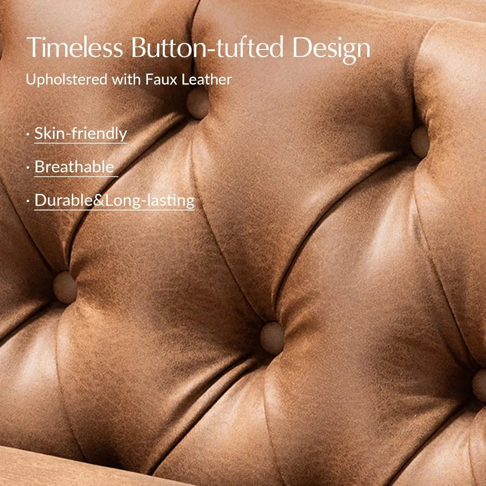 84 Inch Faux Leather Sofa Couch Mid Century Modern 3-Seater Living Room