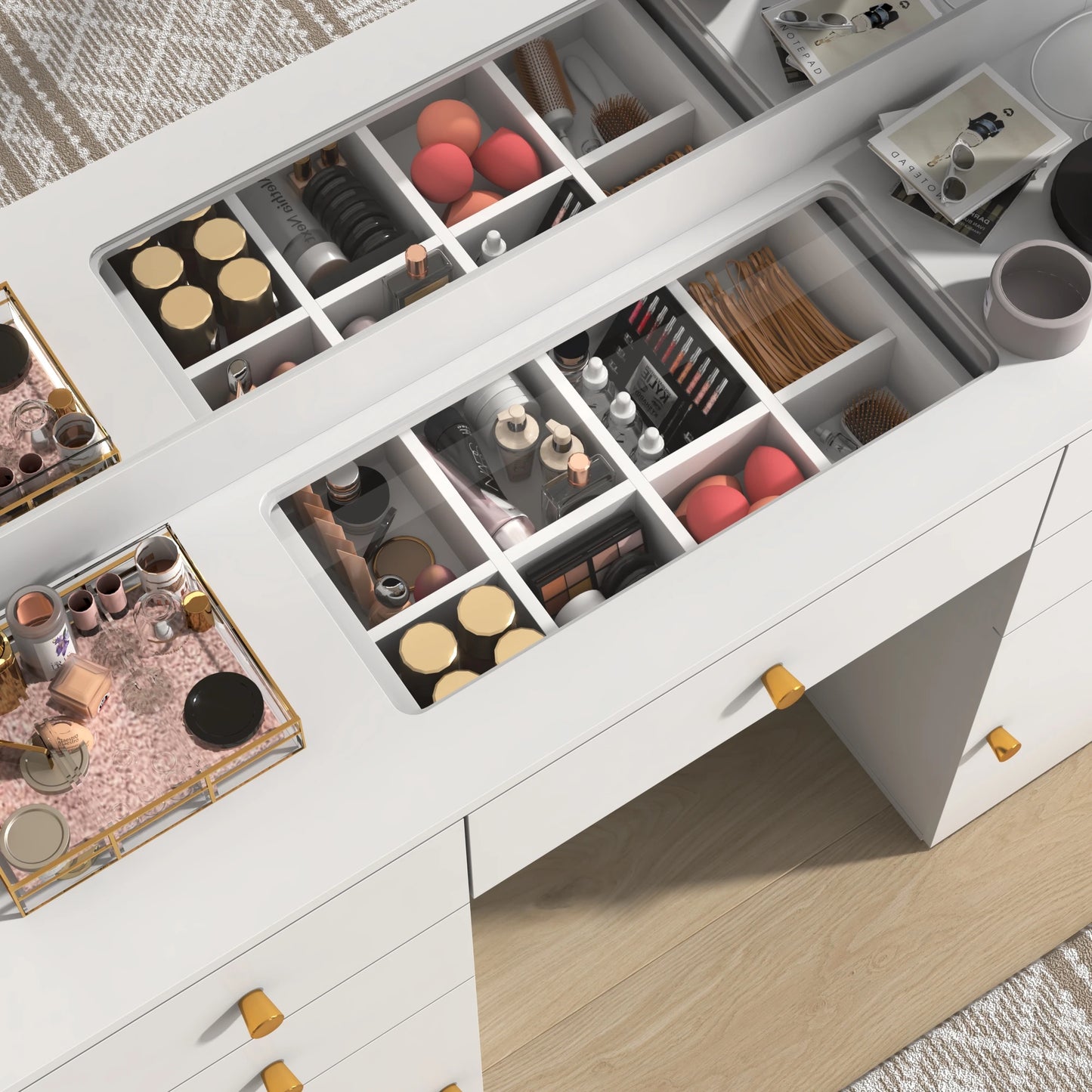 Vanity Desk with Lighted Mirror Charging Station & Storage Set