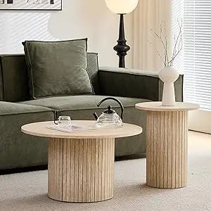 Small Round Coffee Table Set of 2 Wood Finish Nesting Tables Living Room