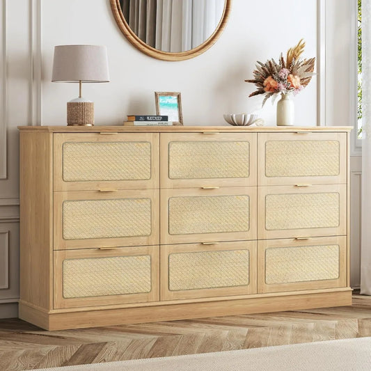 9 Drawer Dresser Rattan Chest of Drawers Large TV Stand Boho Style