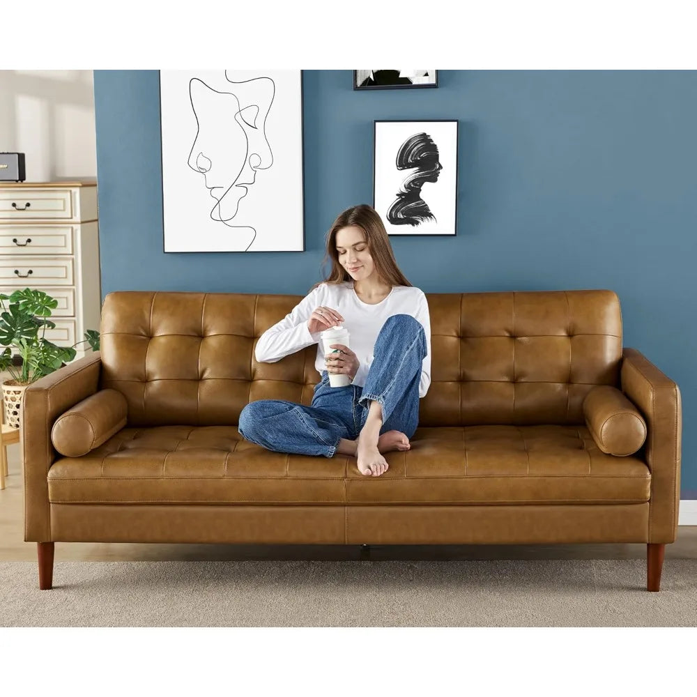 Ljustra Leather Sofa Mid-Century Modern 3 Seater Comfy Couch Living Room