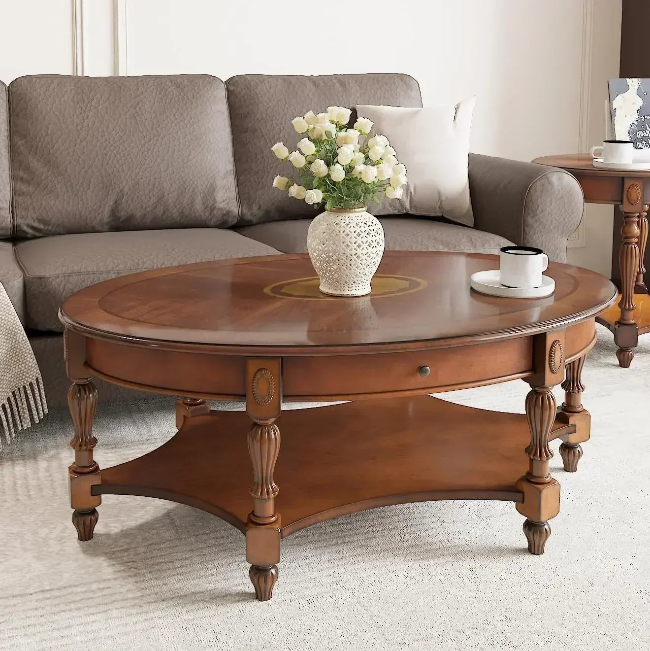 Solid Wood Oval Coffee Table with Storage Drawer Vintage Style