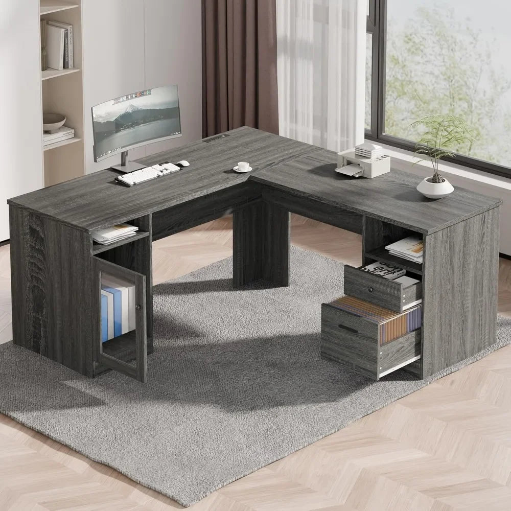L Shaped Desk with File Cabinet Corner Computer Desk Home Office Table