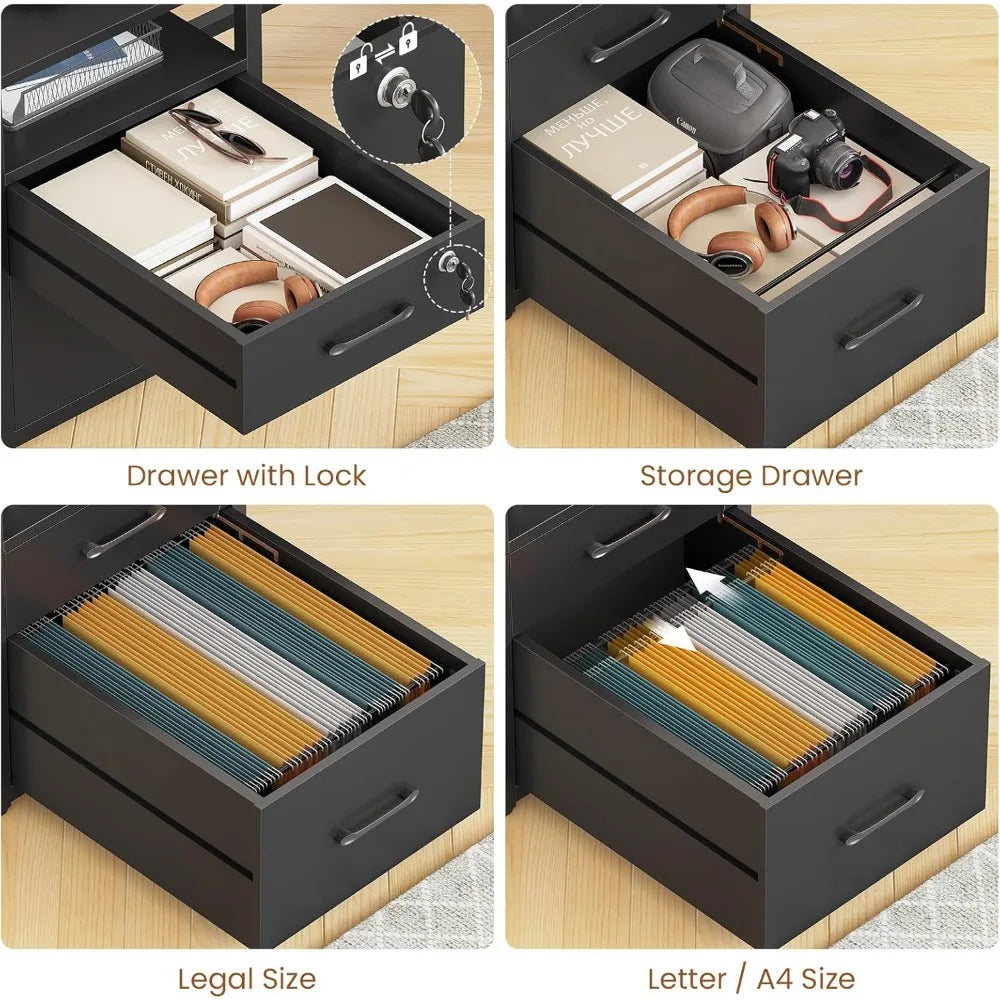 63 Inch Computer Desk with Lockable Drawers LED Lights Power Outlet Gaming