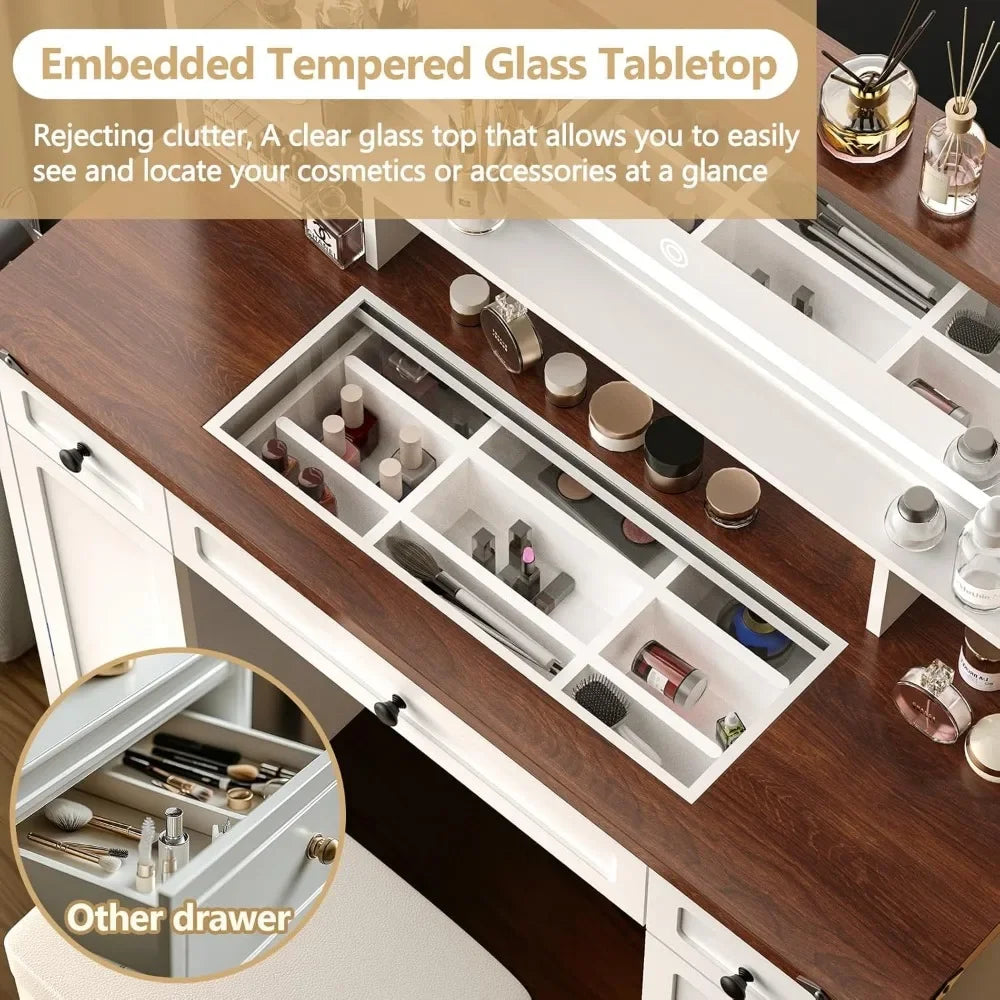 Vanity Desk with Mirror and Lights Farmhouse Makeup Table 45"W