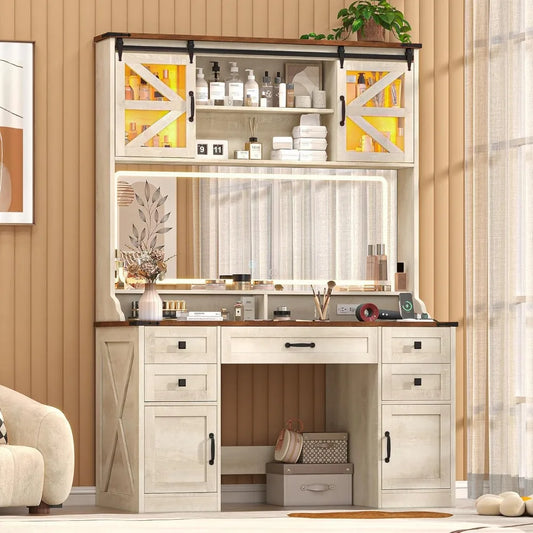 75.2 Farmhouse Vanity Desk with Mirror Lights Makeup Table Power Outlet