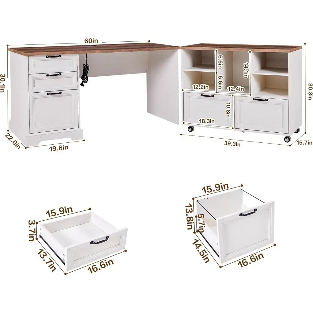 L-Shaped Executive Desk with Adjustable File Cabinet and Charging Station