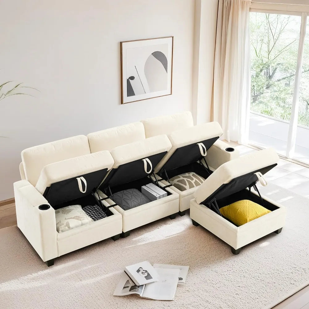 91 Inch Modular L Shaped Sectional Sofa with Storage Cup Holders