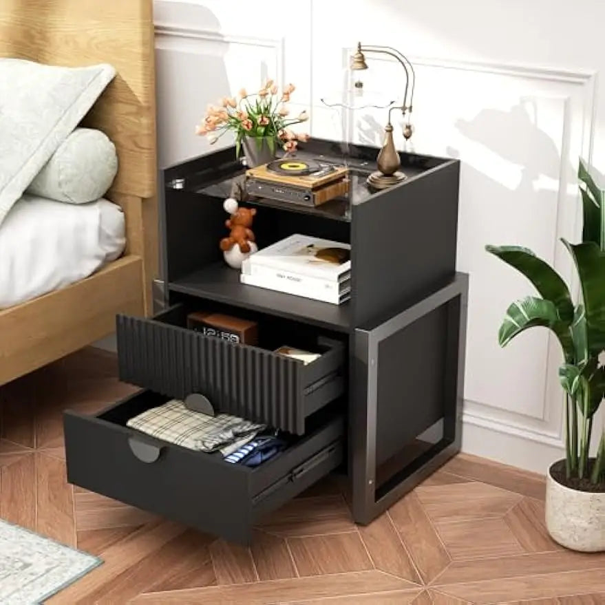 Fluted Nightstand with Charging Station and LED Lights Modern End Table