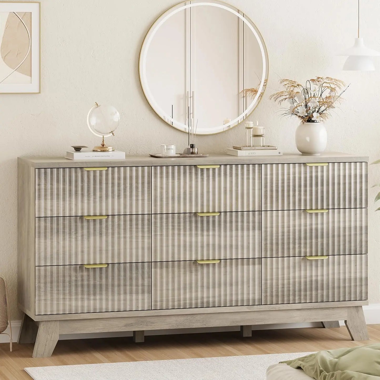 57 Inch Wide Fluted Dresser 9 Drawer Modern Chest of Drawers