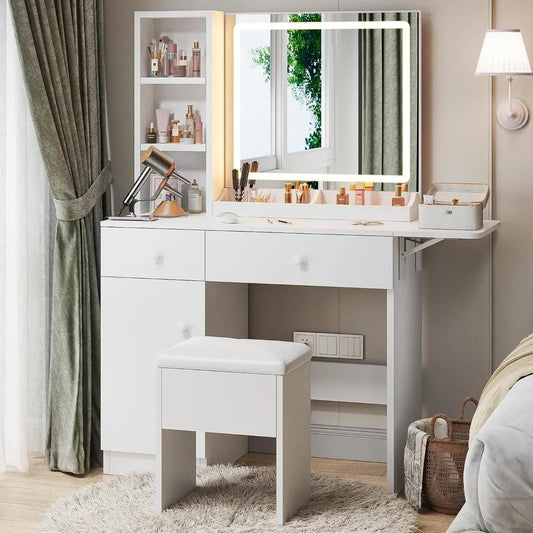 Makeup Vanity Desk with Mirror LED Lights Charging Station White