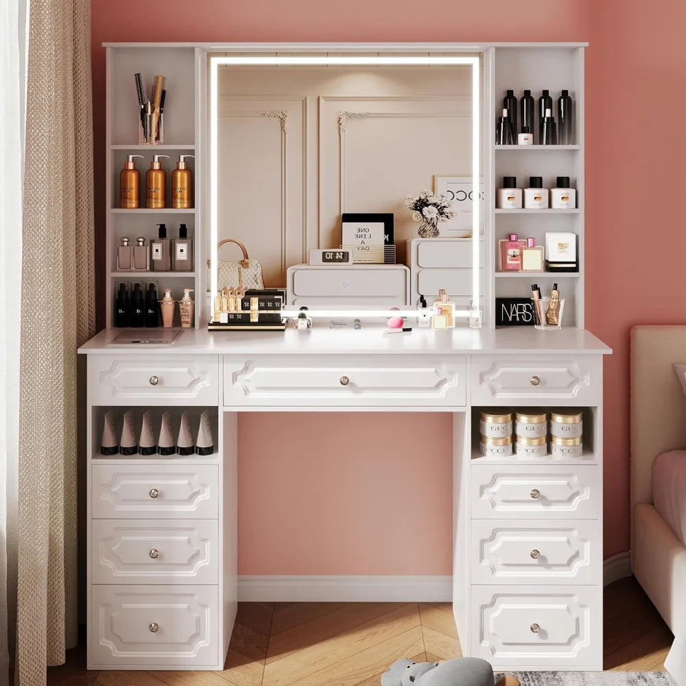 Dressing Table Vanity Desk with Mirror Lights Bluetooth Speaker Makeup