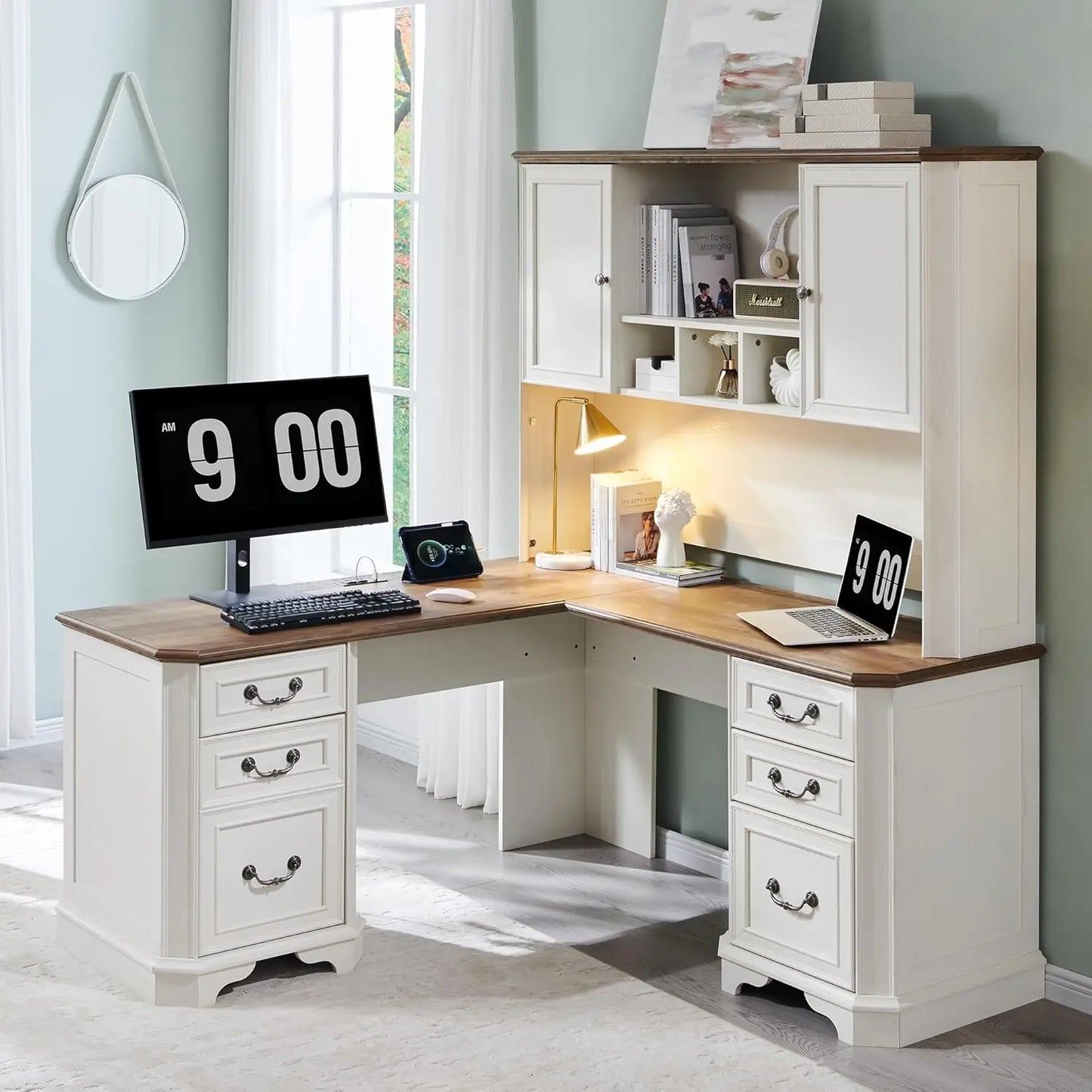59 Inch L Shaped Executive Desk with Hutch Storage Charging Station