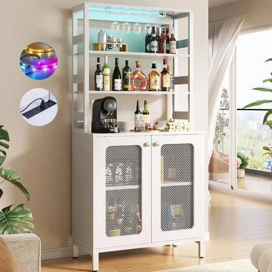 67 Inch Tall Bar Cabinet with Power Outlets and LED Lights