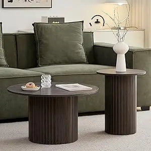 Small Round Coffee Table Set of 2 Wood Finish Nesting Tables Living Room