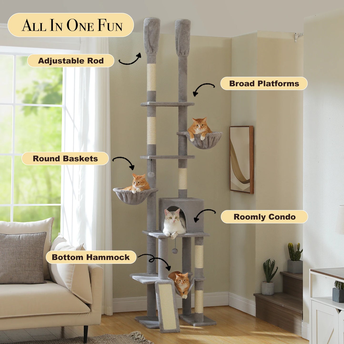 Cactus Cat Tree Floor to Ceiling Cat Tower 7 Tiers with Hammocks and Scratching Posts