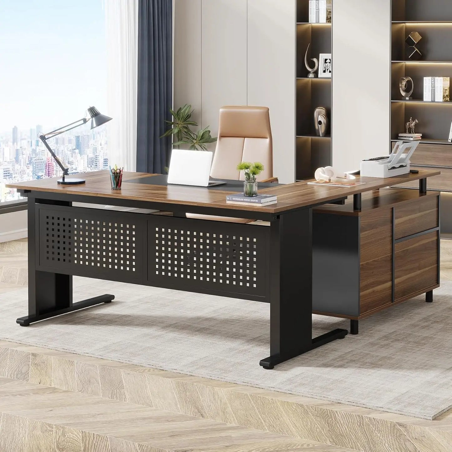L Shaped Executive Desk with File Cabinet Modern Office Furniture