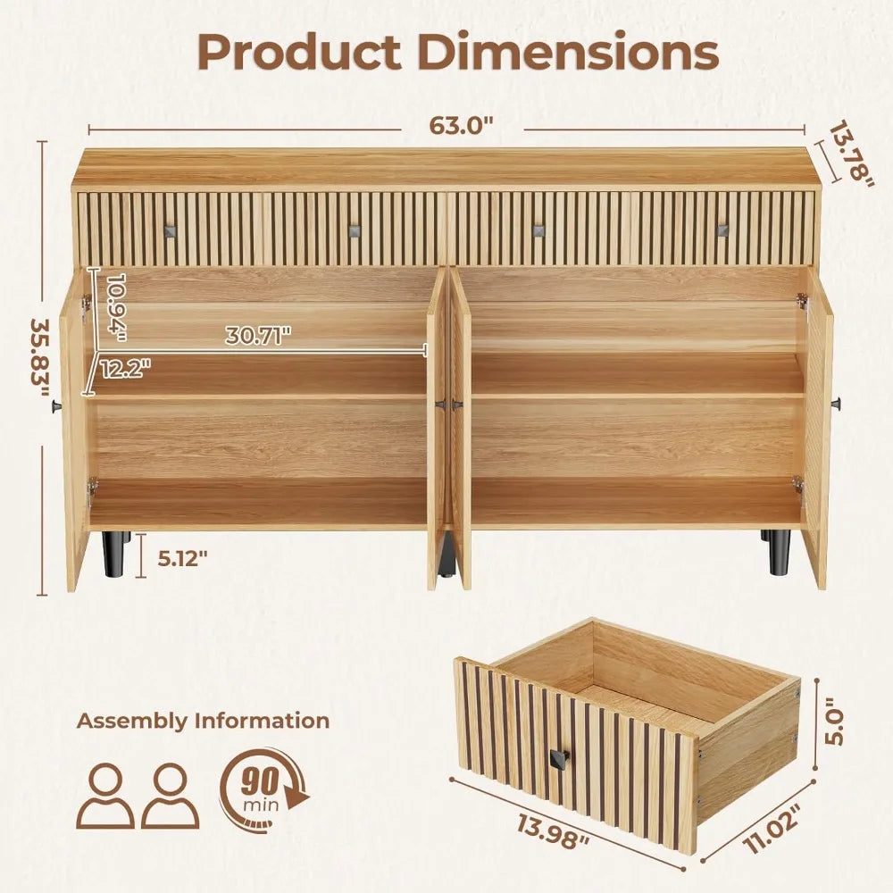 Ljustra 63 Inch Sideboard Buffet Cabinet with Storage and Rattan Doors