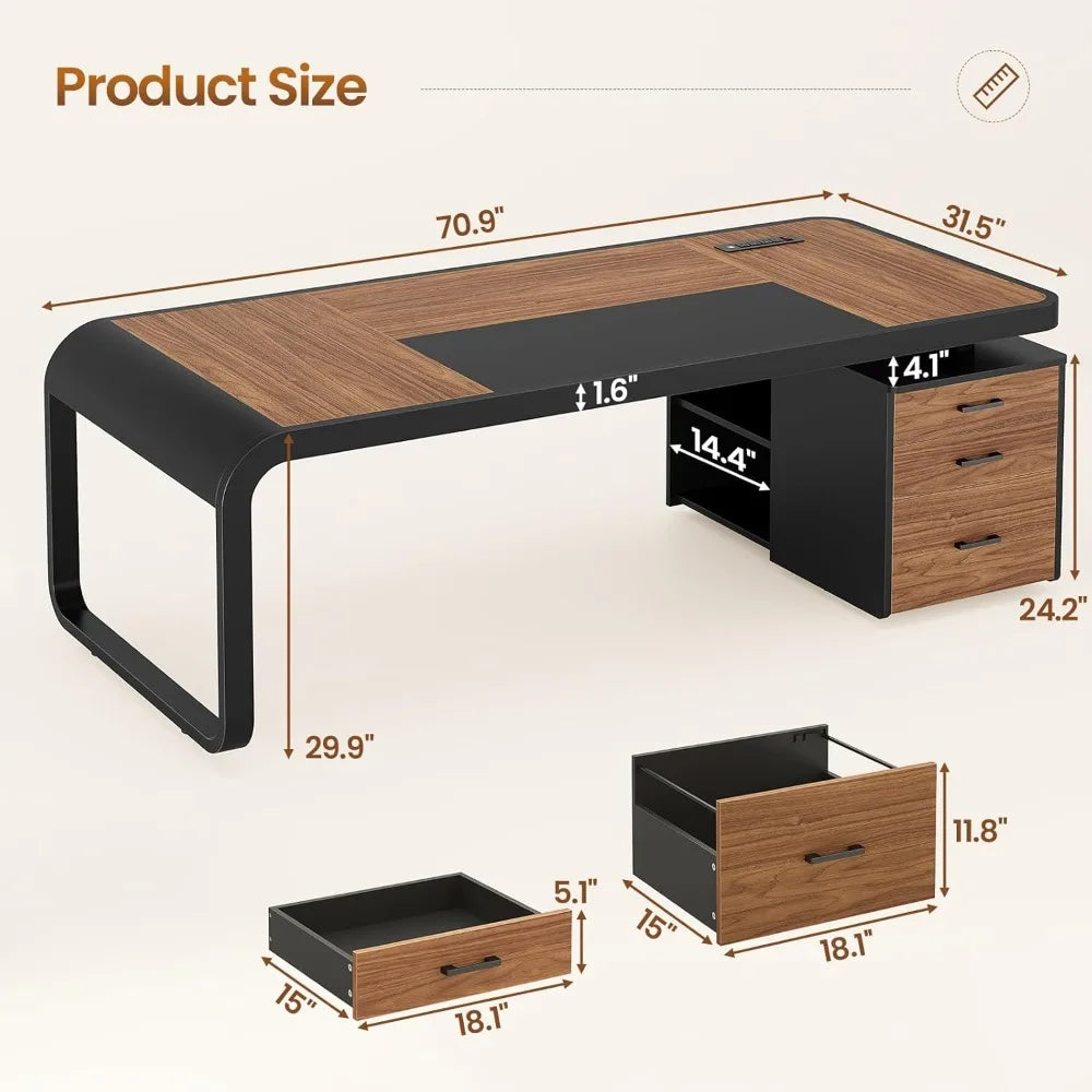 70.9" Executive Desk Large Computer Desk with Drawers and File Cabinet