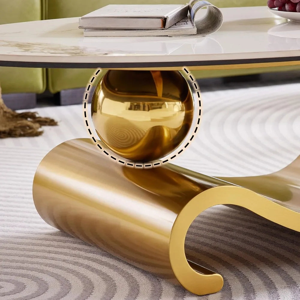 Modern Oval Faux Marble Coffee Table with Gold Metal Base for Living Room