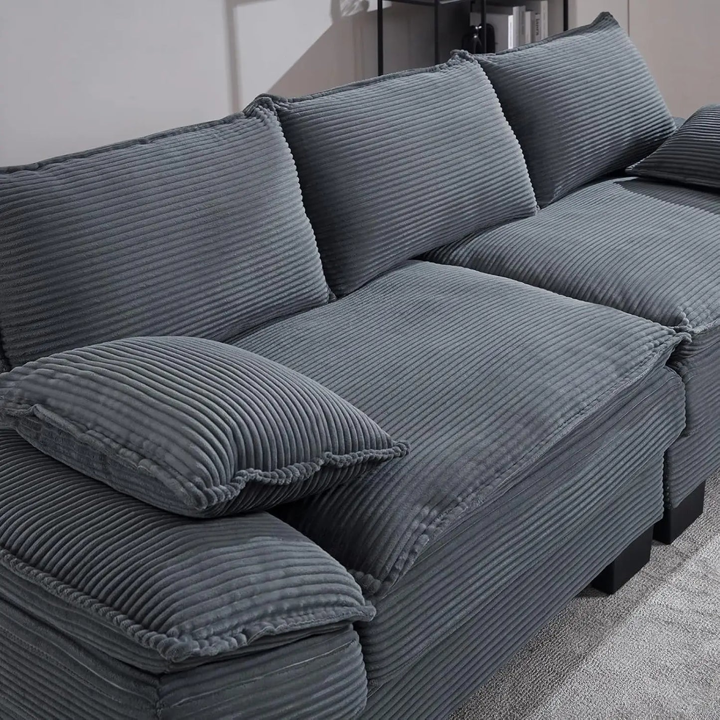 90" Oversized Corduroy Loveseat Sofa – Deep Seat Modern Couch with Pillows, Grey Upholstered Sofa