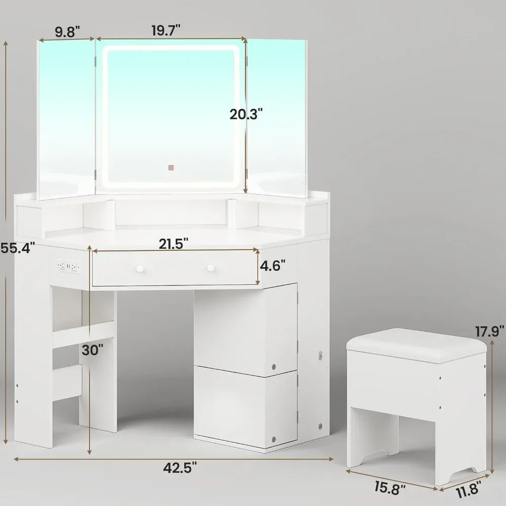 Modern Vanity Desk Tri-Fold Mirror Lights Storage Corner Makeup Table