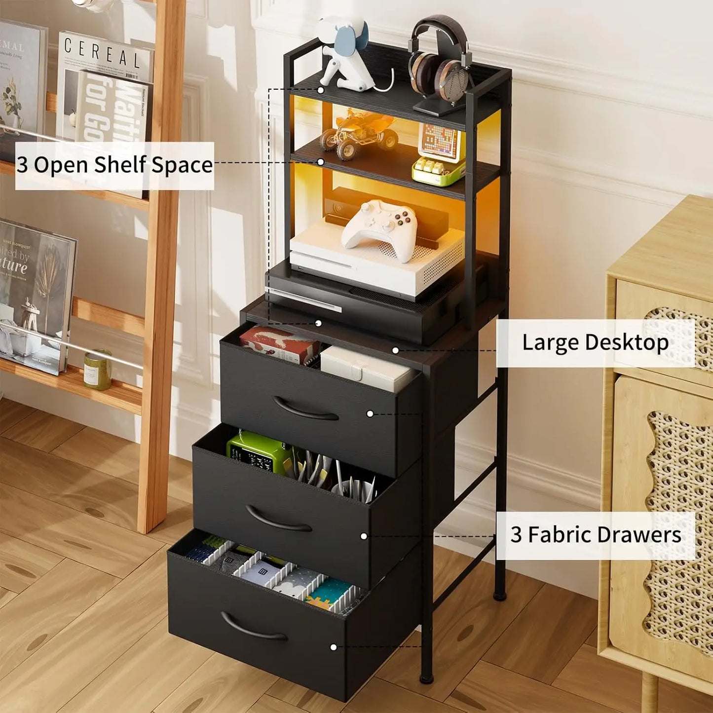 41 Inch Tall Nightstand with USB Charging Station and LED Lights