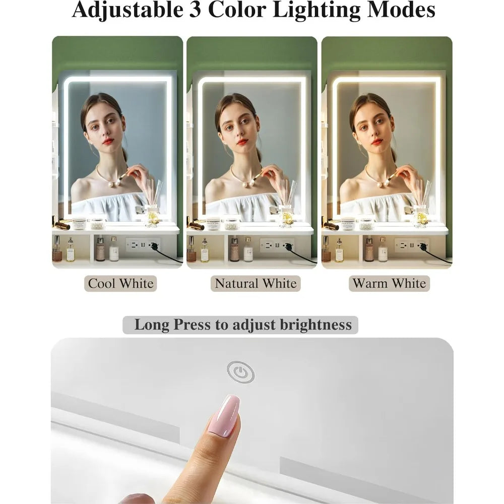 Makeup Vanity Desk with Foldable Panel Mirror Light and Storage