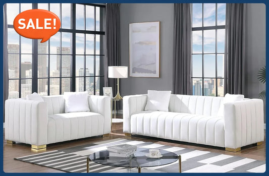 2-Piece Velvet Sofa Set White Tufted Couch & Loveseat with Pillows for Living Room