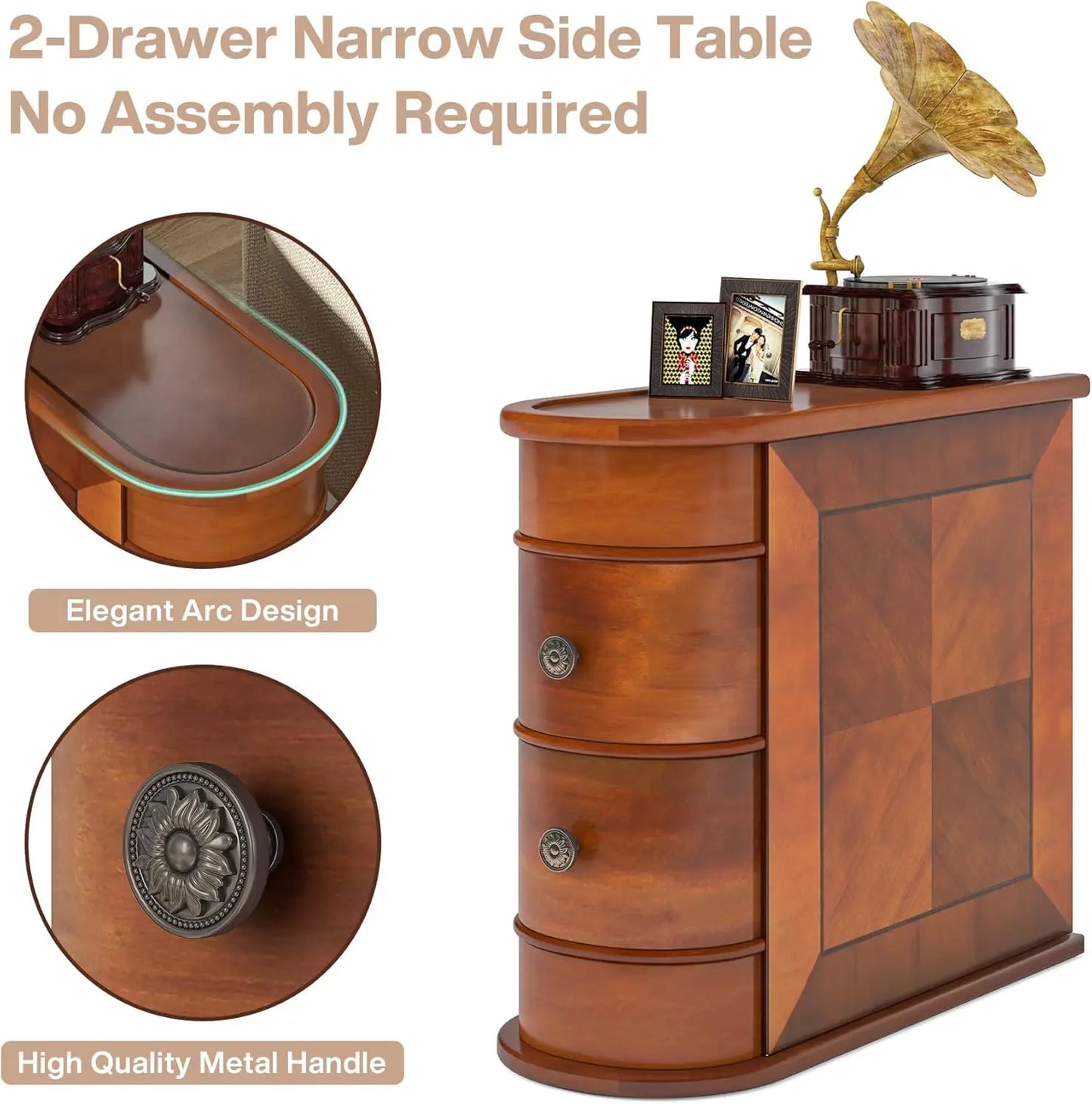 Wood End Table Set of 2 Narrow Solid Side Table with 2 Drawers