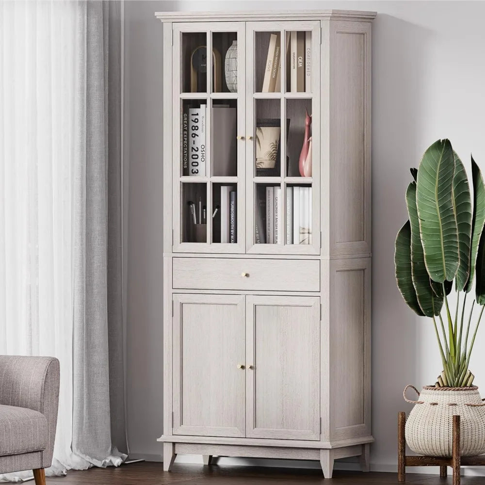 Modern White Oak Bookcase with Glass Doors Adjustable Shelves Storage