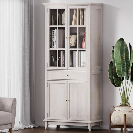 Modern White Oak Bookcase with Glass Doors Adjustable Shelves Storage