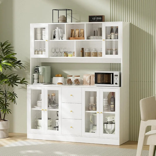Large Kitchen Hutch Cabinet with Glass Doors 3 Drawers Microwave Shelf