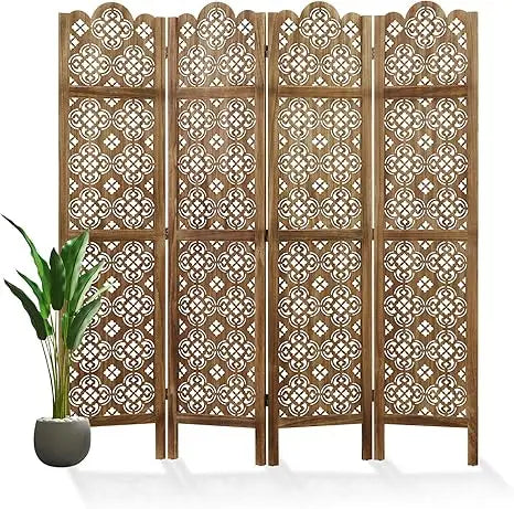 68.9Inch Folding Room Divider 4 Panels Wood Carved Privacy Screen