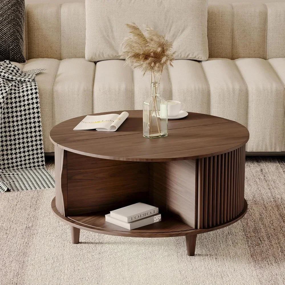 Round Coffee Table with Storage Mid Century Modern Sliding Door Table