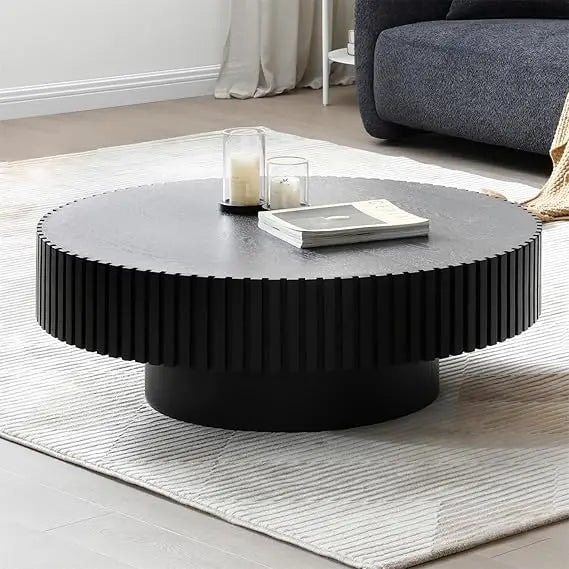 Modern Round Walnut Coffee Table Solid Wood Pedestal for Small Spaces