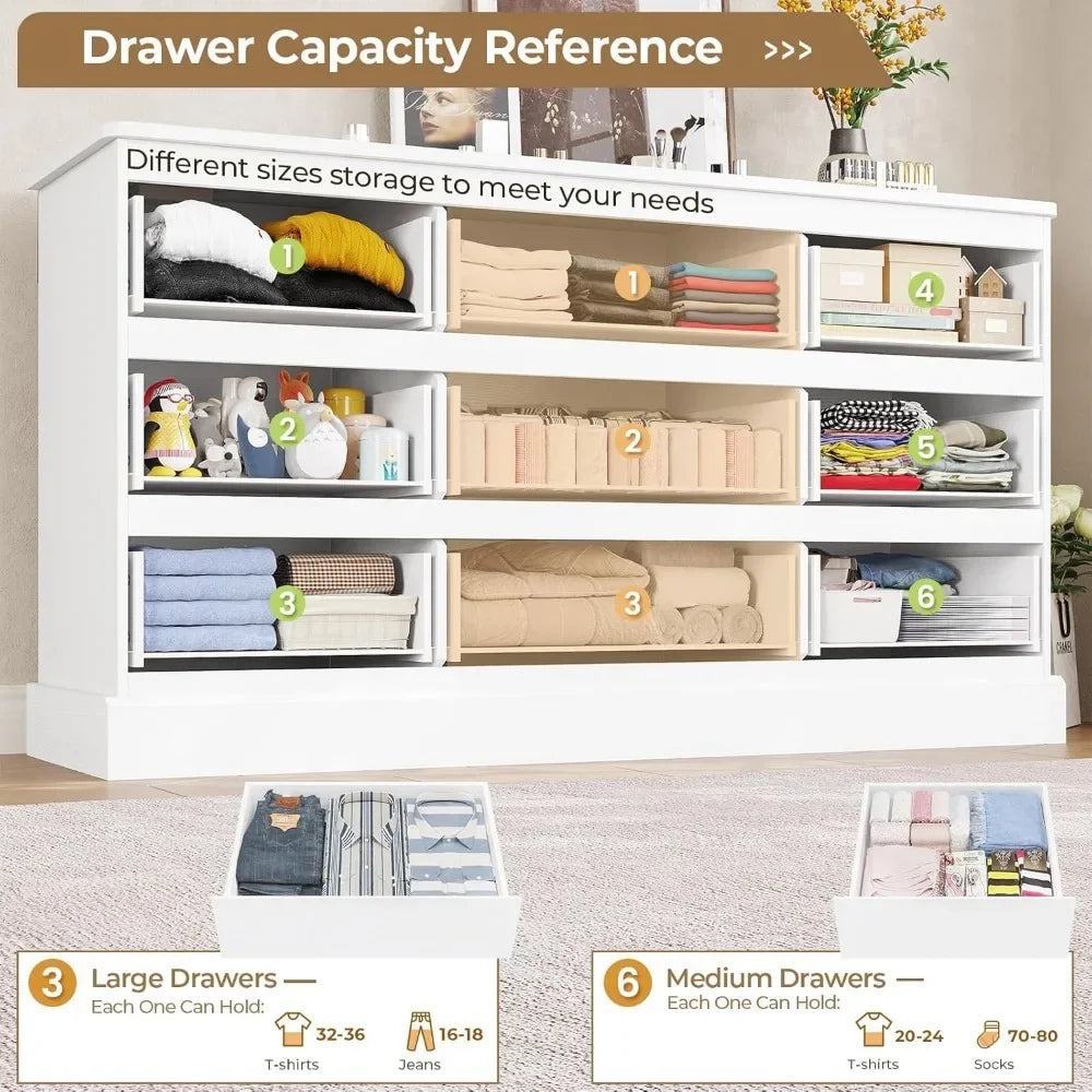 Modern White Bedroom Dresser 9 Drawers Long Storage Chest 61.4 Inches