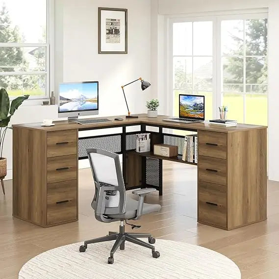 L Shaped Desk with Drawers Storage Corner Computer Desk Home Office