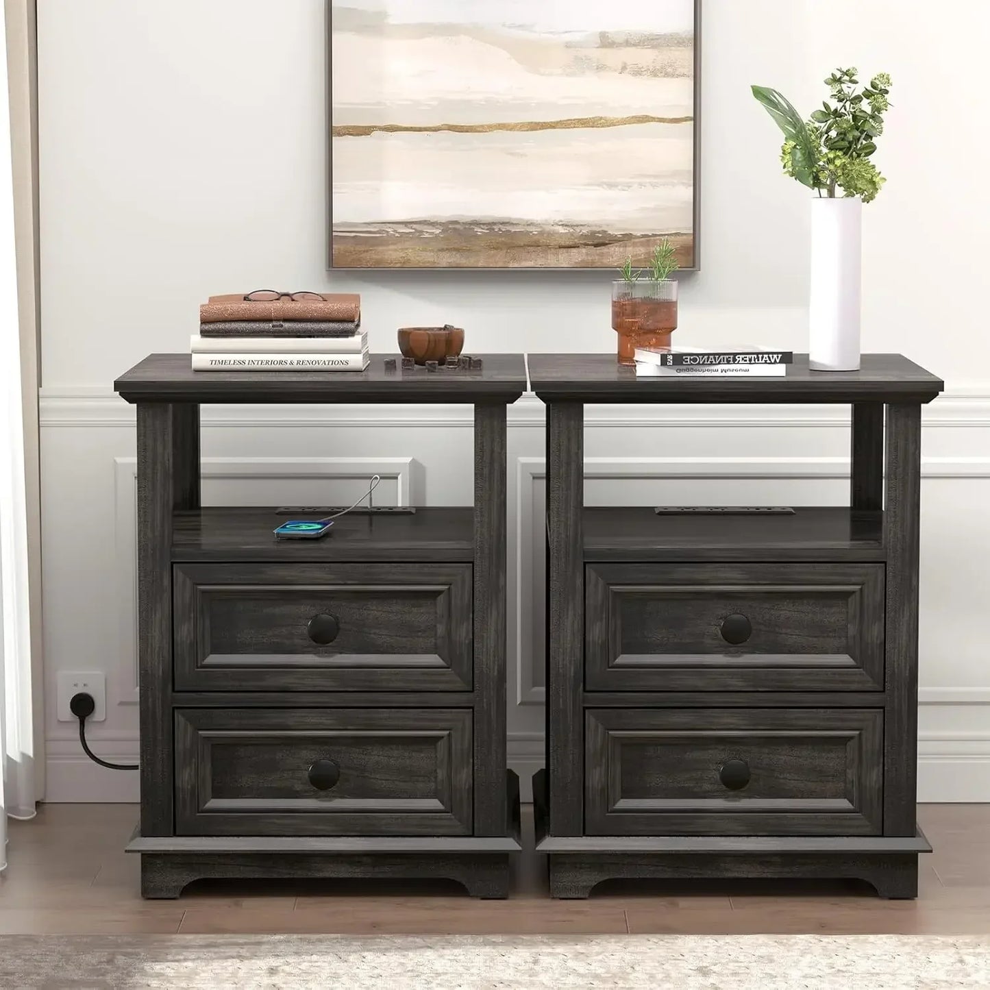 End Table Set of 2 Fast Charging Sofa Side Table with Drawers