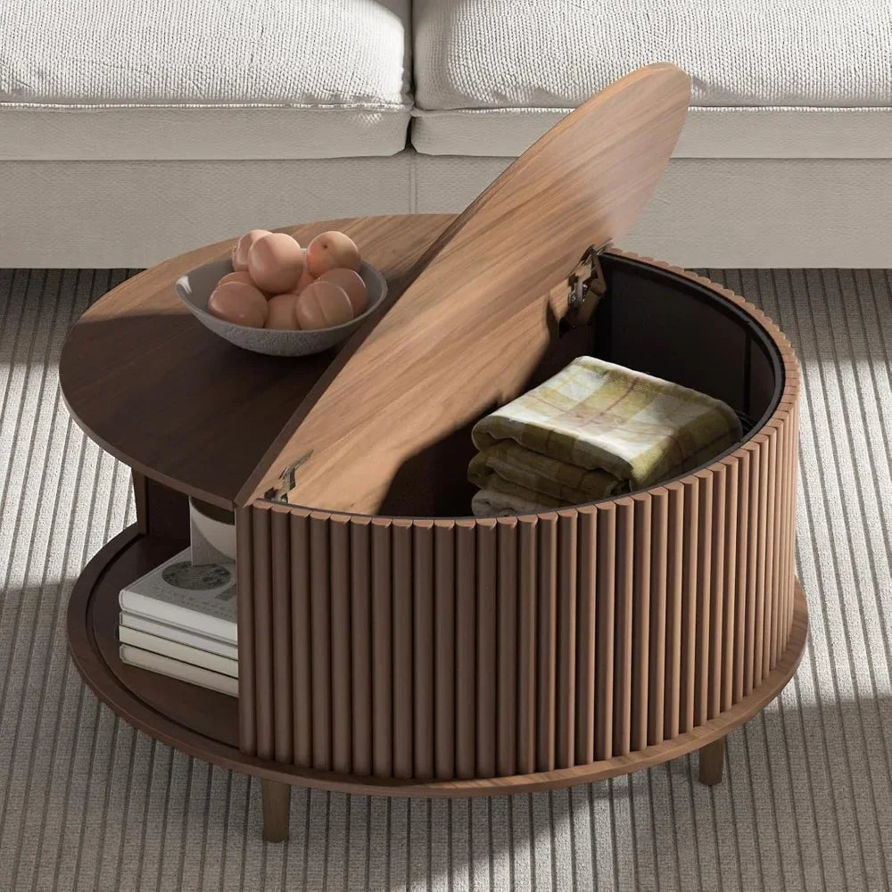Round Coffee Table with Storage Mid Century Modern Sliding Door Table