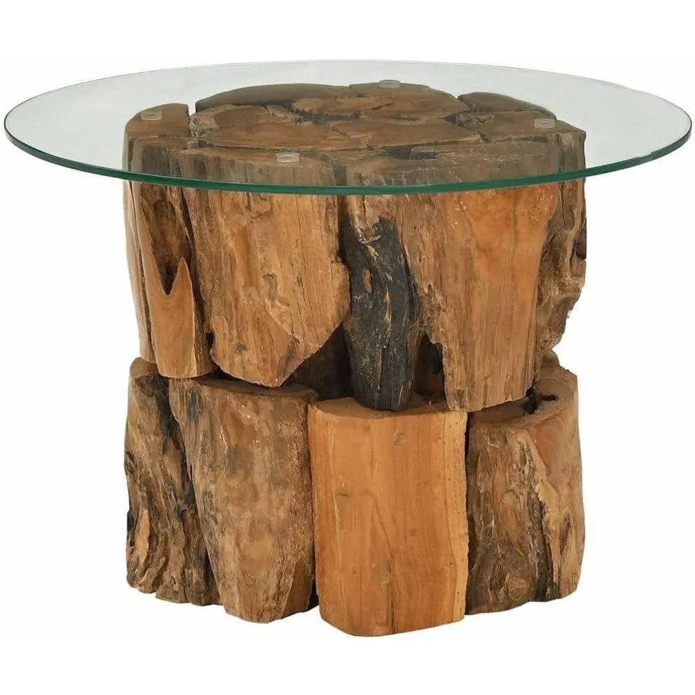 Coffee Table Teak Driftwood Base Round Glass Top Handmade Modern Design