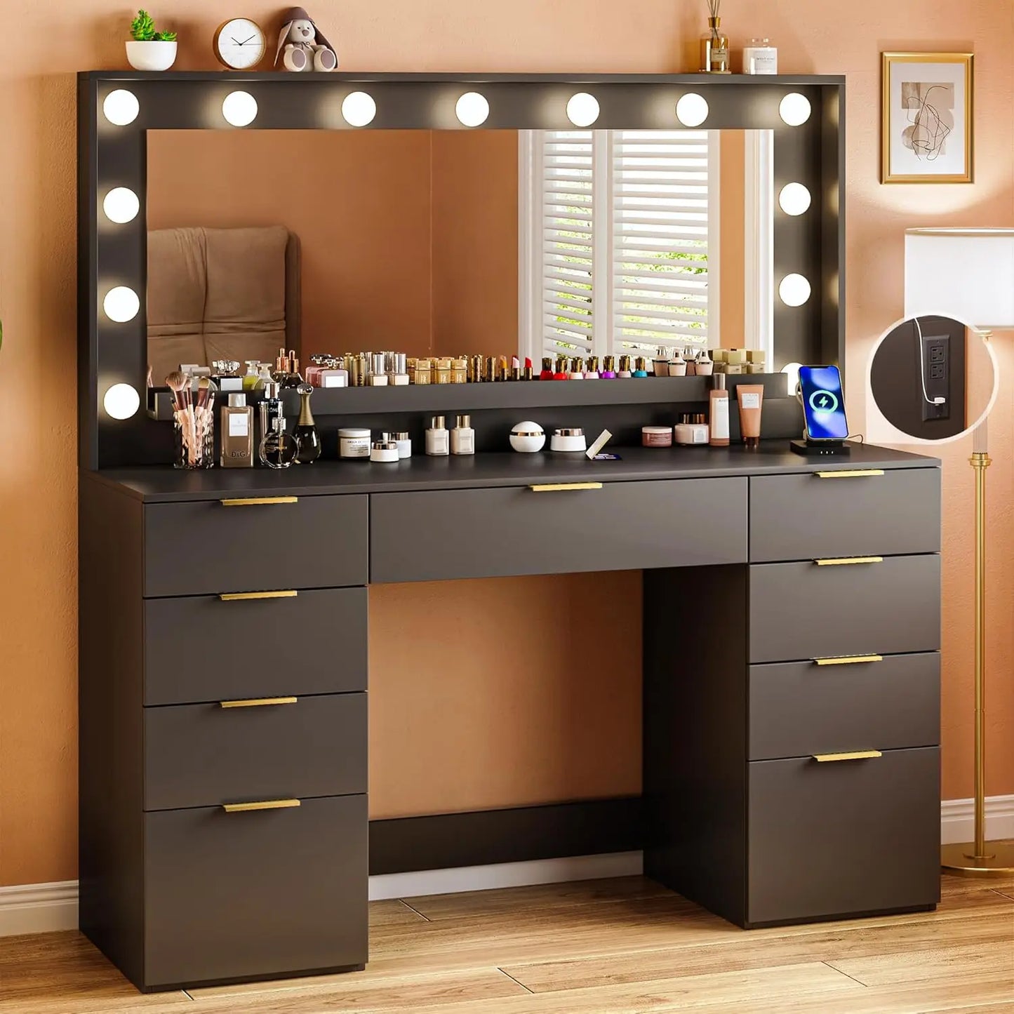 Ljustra Vanity Desk with Large Mirror Lights 9 Drawers Storage Outlet