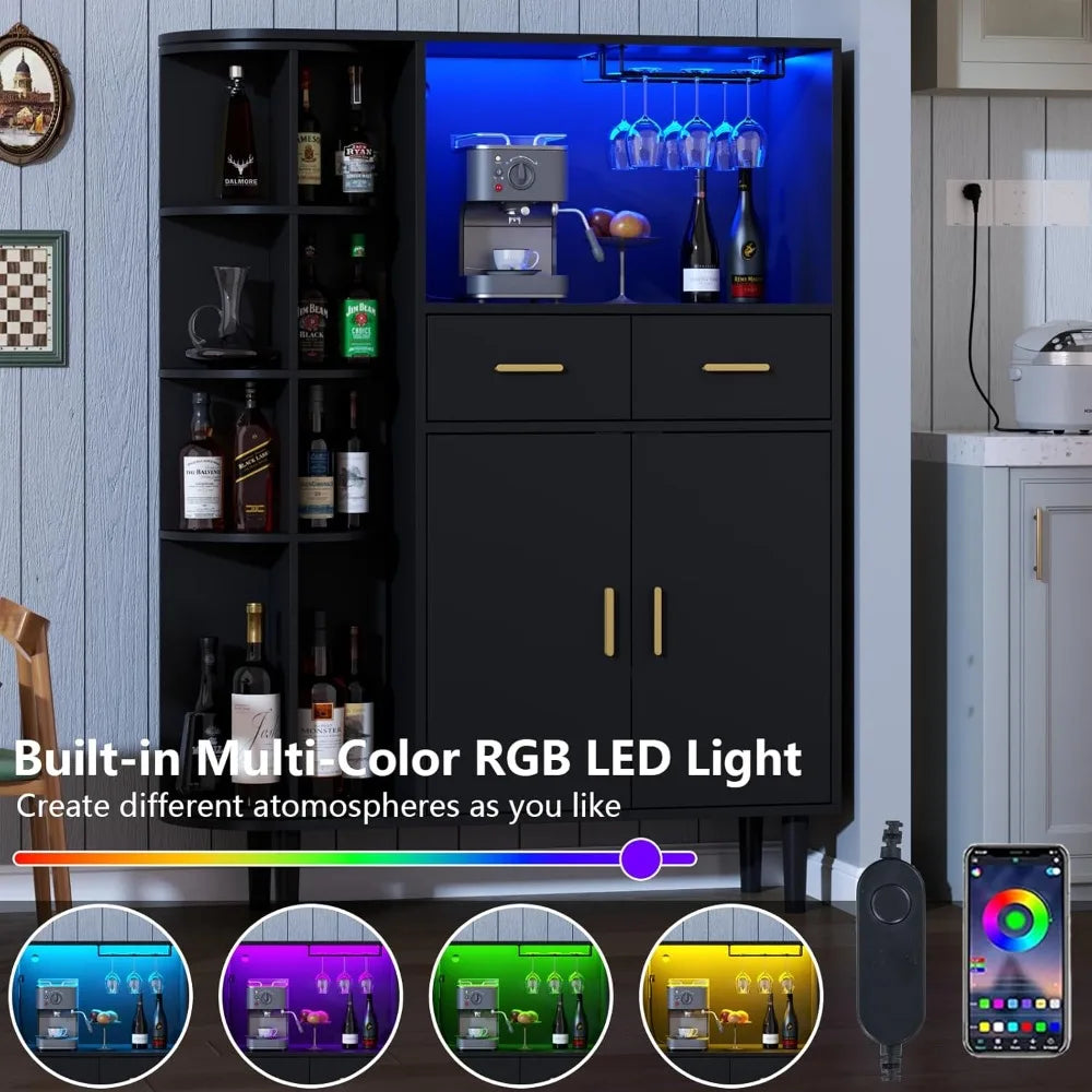 Kitchen Pantry Storage Cabinet with Charging Station LED Lights Wine Rack