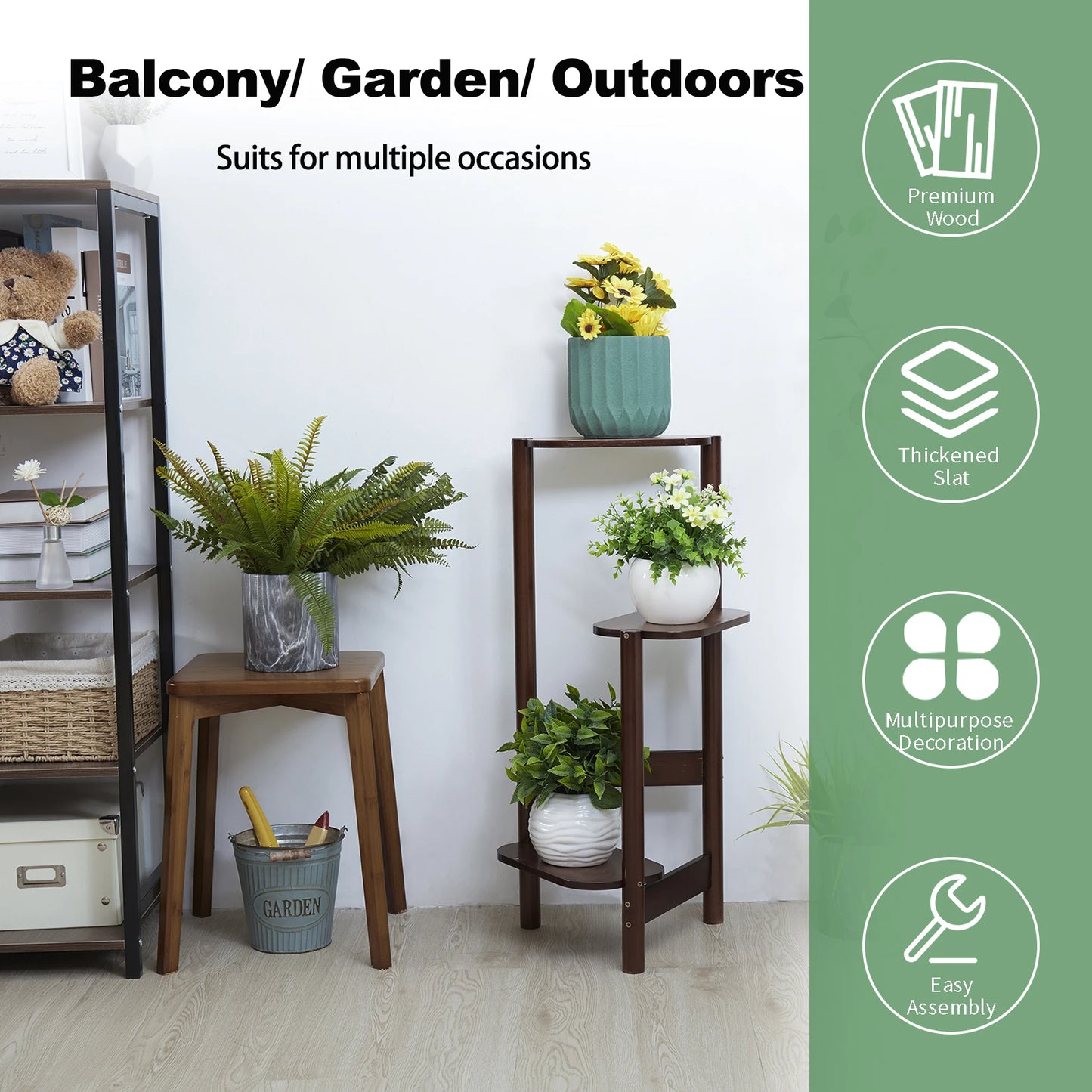 3 Tier Bamboo Tall Corner Plant Rack Planter Stand for Balcony Garden