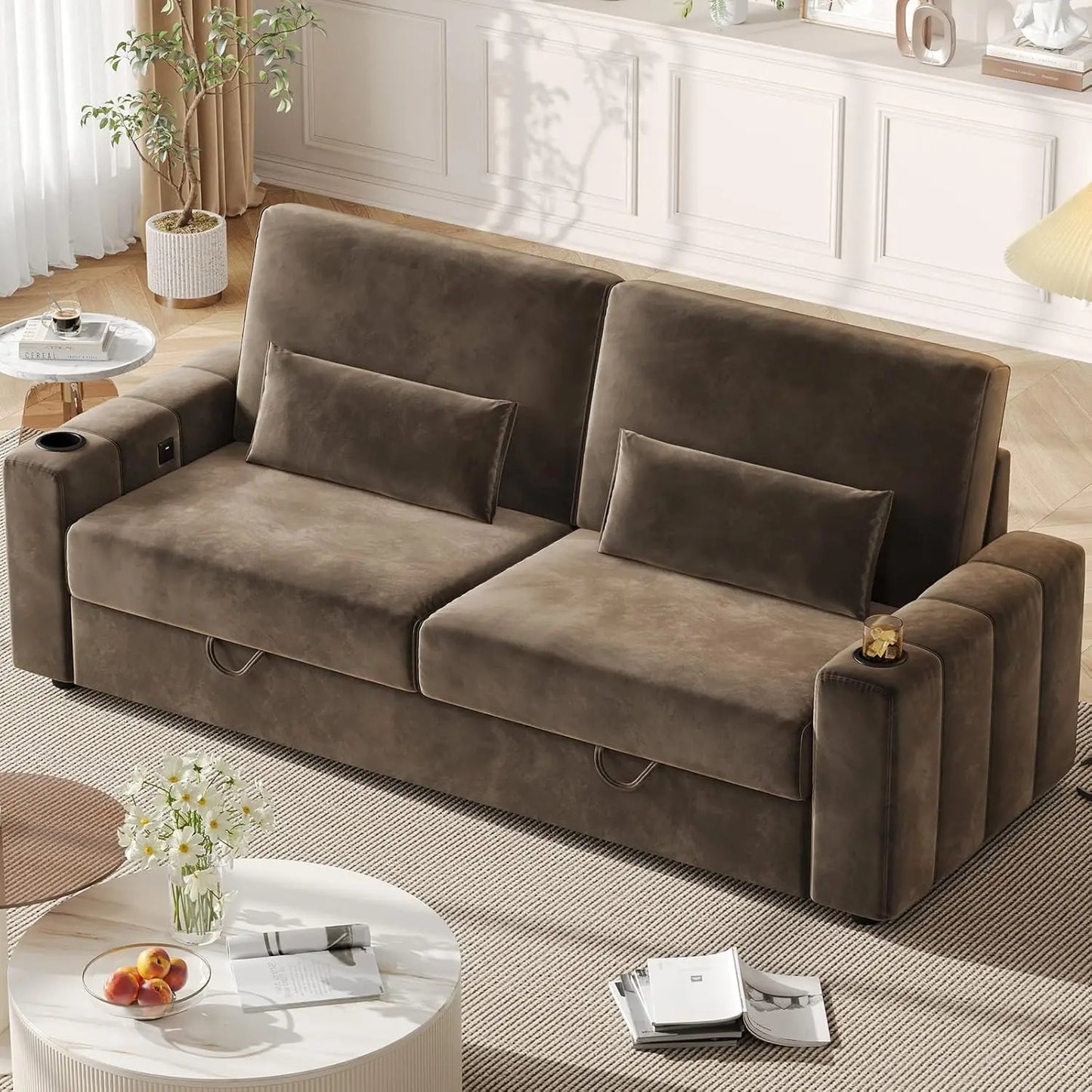 88 Inch Modern Velvet Recliner Sofa with Storage and Charging Ports