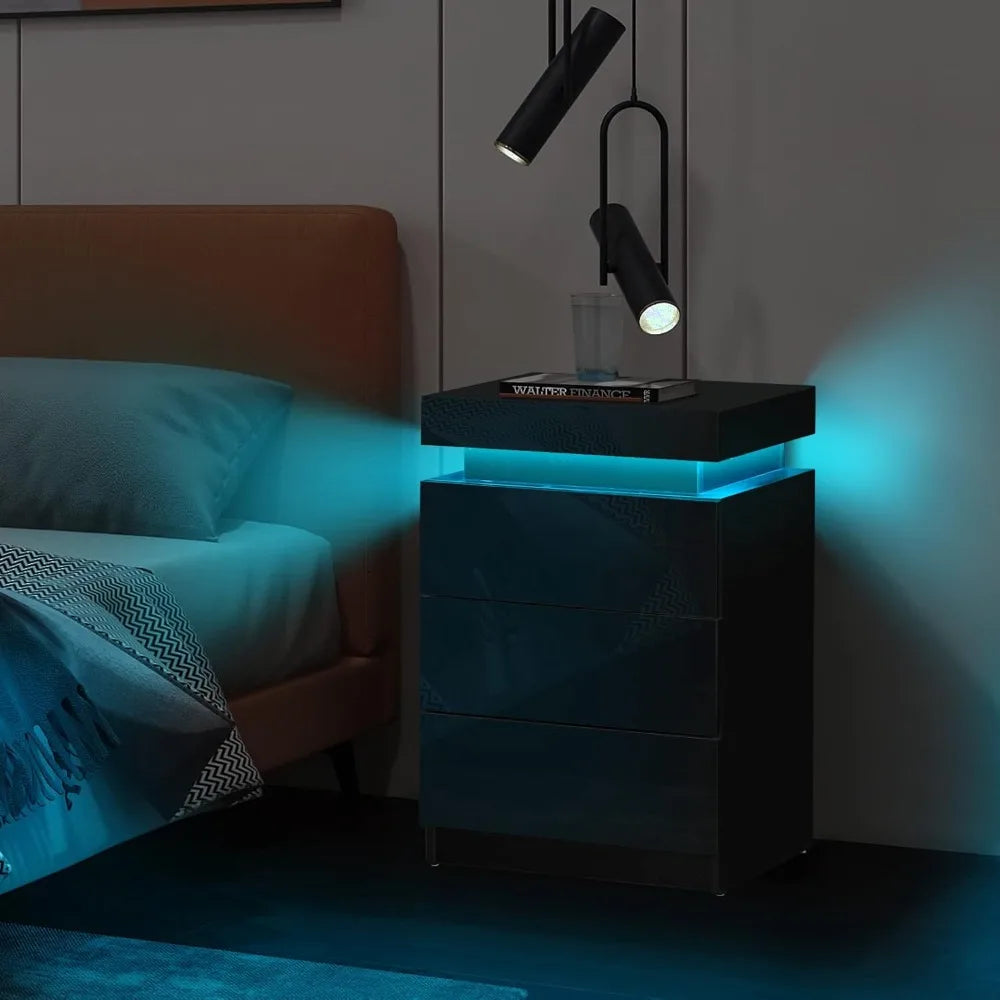 Modern Nightstands Set of 2 with LED Light and 3 Drawers Storage