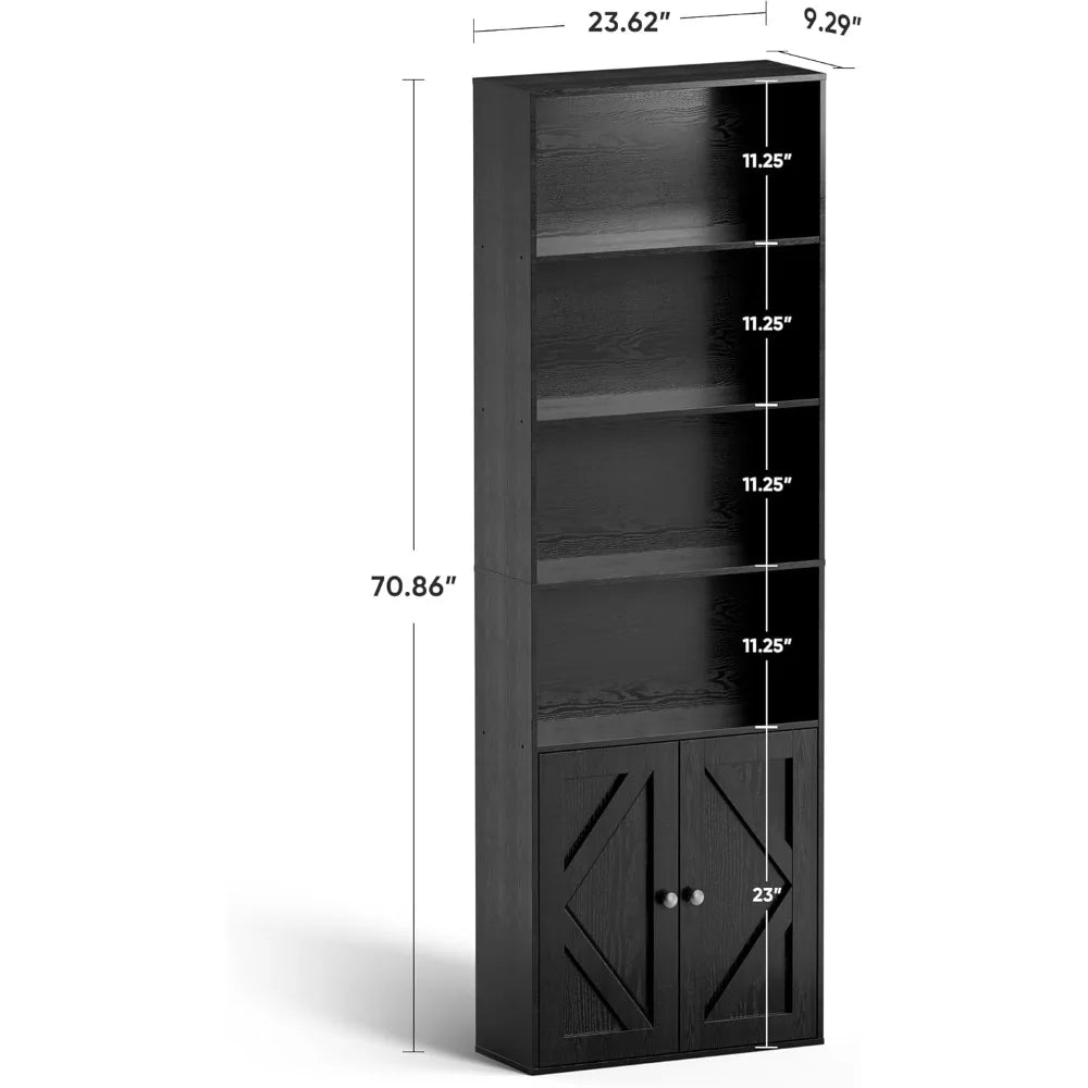 Wooden Bookshelves Bookcases with Doors 6 Shelf Storage Display 70.86in