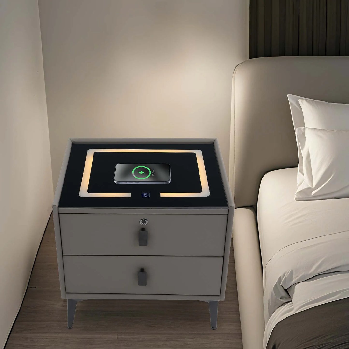 Smart Bedside Table with Bluetooth Speaker and USB Charging Drawers