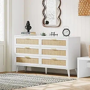 12 Drawer Double Dresser for Bedroom, Rattan Chest of Dressers, Modern Wooden Dresser Chest with Golden Handles, Beside Table f