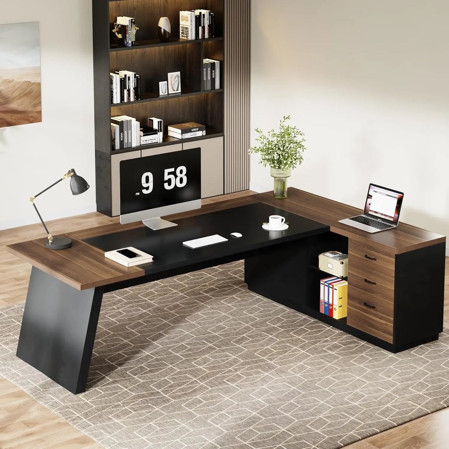 Modern L-Shaped Executive Desk with Drawers and File Cabinet Office